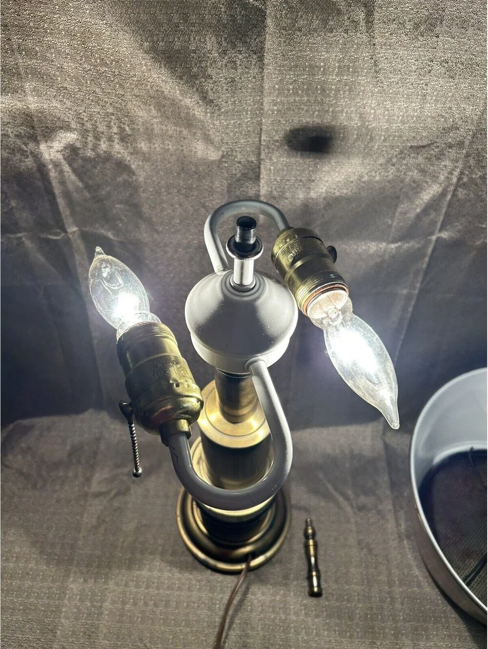 Vintage Bouillotte Style Lamp Brushed Brass Finish W/ 2 Pulls Metal Shade